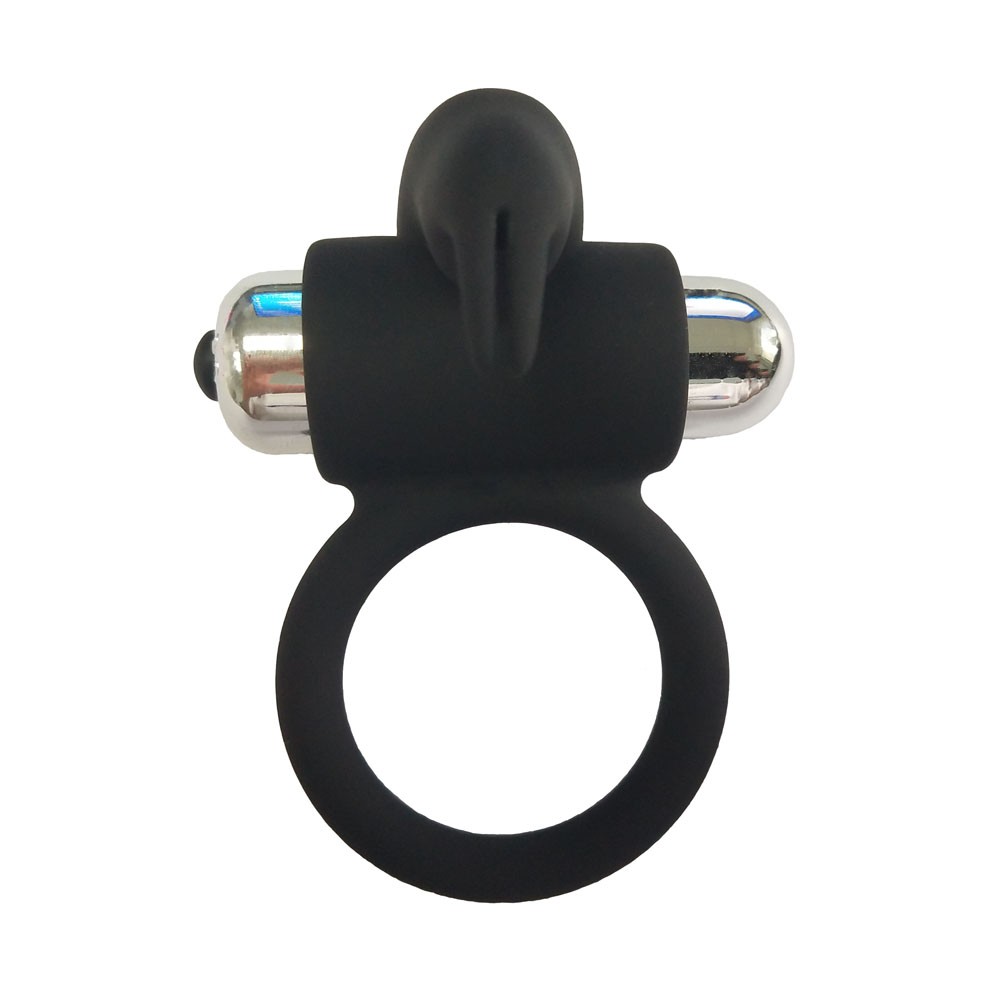 Anel Peniano com Vibrador e Estimulador de Clit�ris em Silicone Preto - Vista frontal