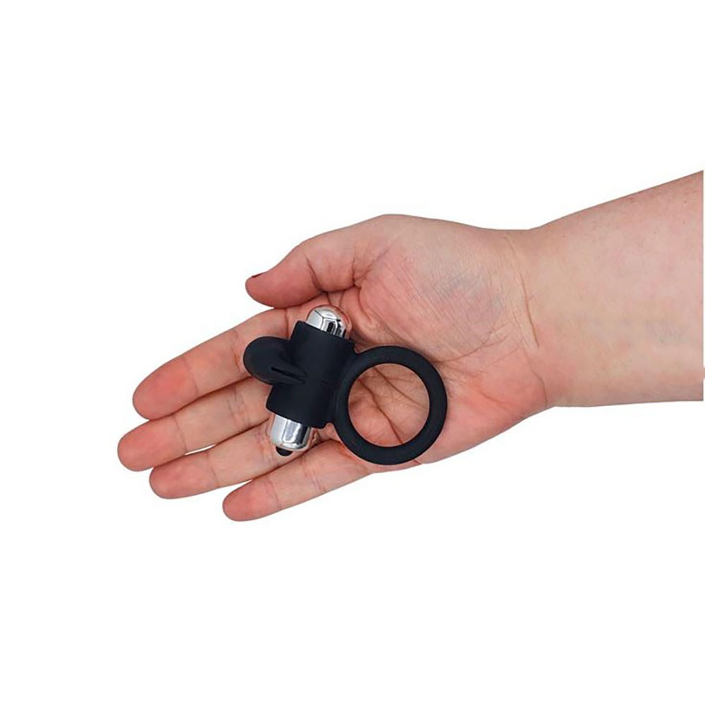 Anel Peniano com Vibrador e Estimulador de Clit�ris em Silicone Preto - Na palma da m�o para escala