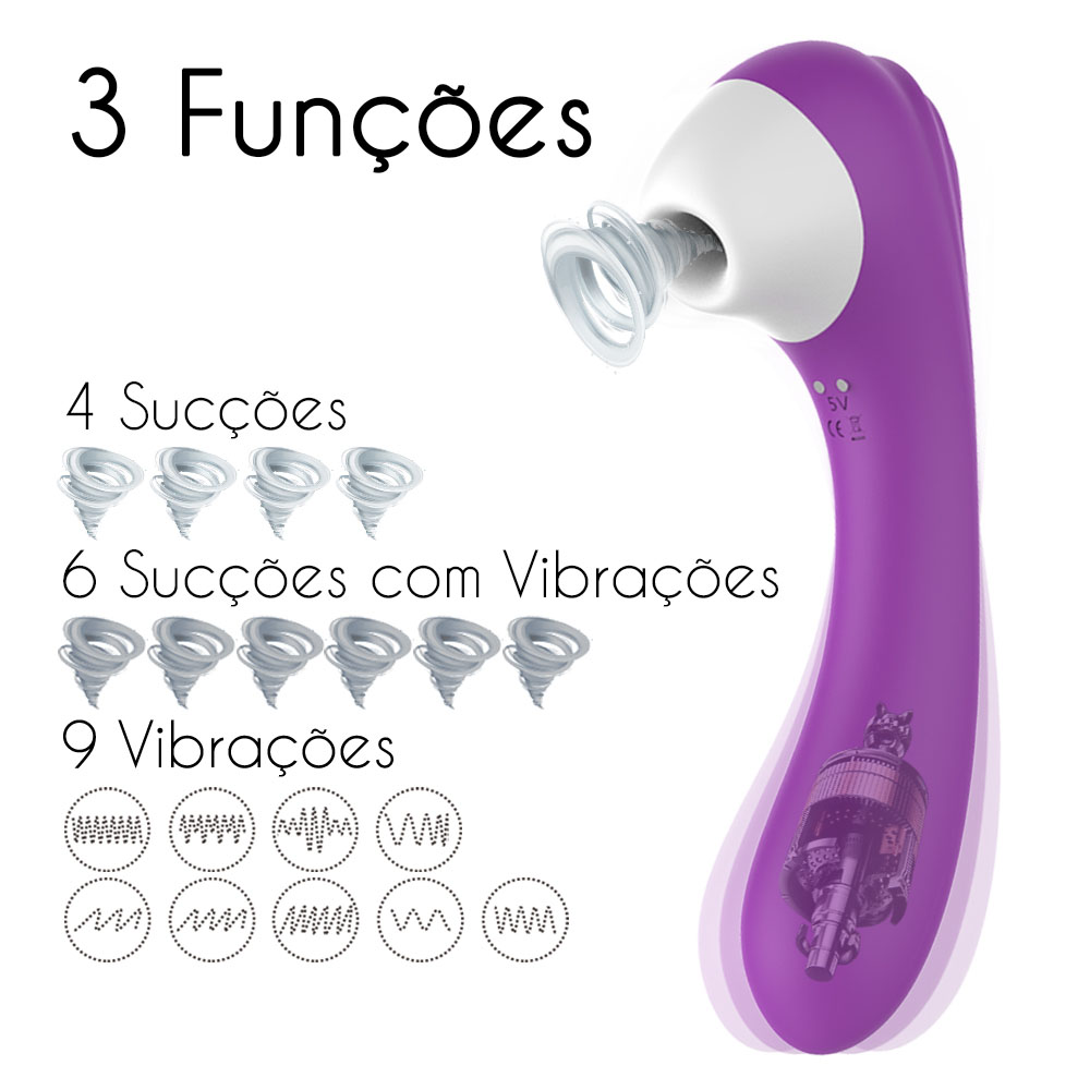Recursos do Sugador de Clit�ris e Vibrador Ponto G Screaming: 3 fun��es, 4 suc��es, 6 suc��es com vibra��o, 9 vibra��es