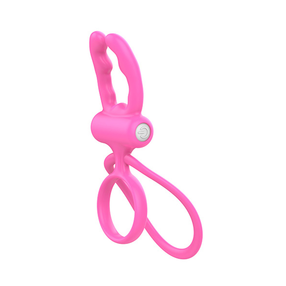 Anel Peniano em Silicone com Argola Testicular com Vibra��o Rosa - vista lateral do produto desligado