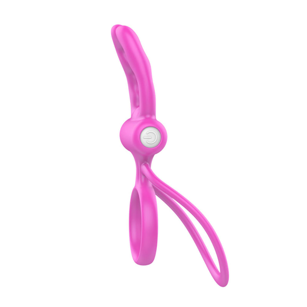 Anel Peniano em Silicone com Argola Testicular com Vibra��o Rosa - vista frontal em �ngulo com argola testicular