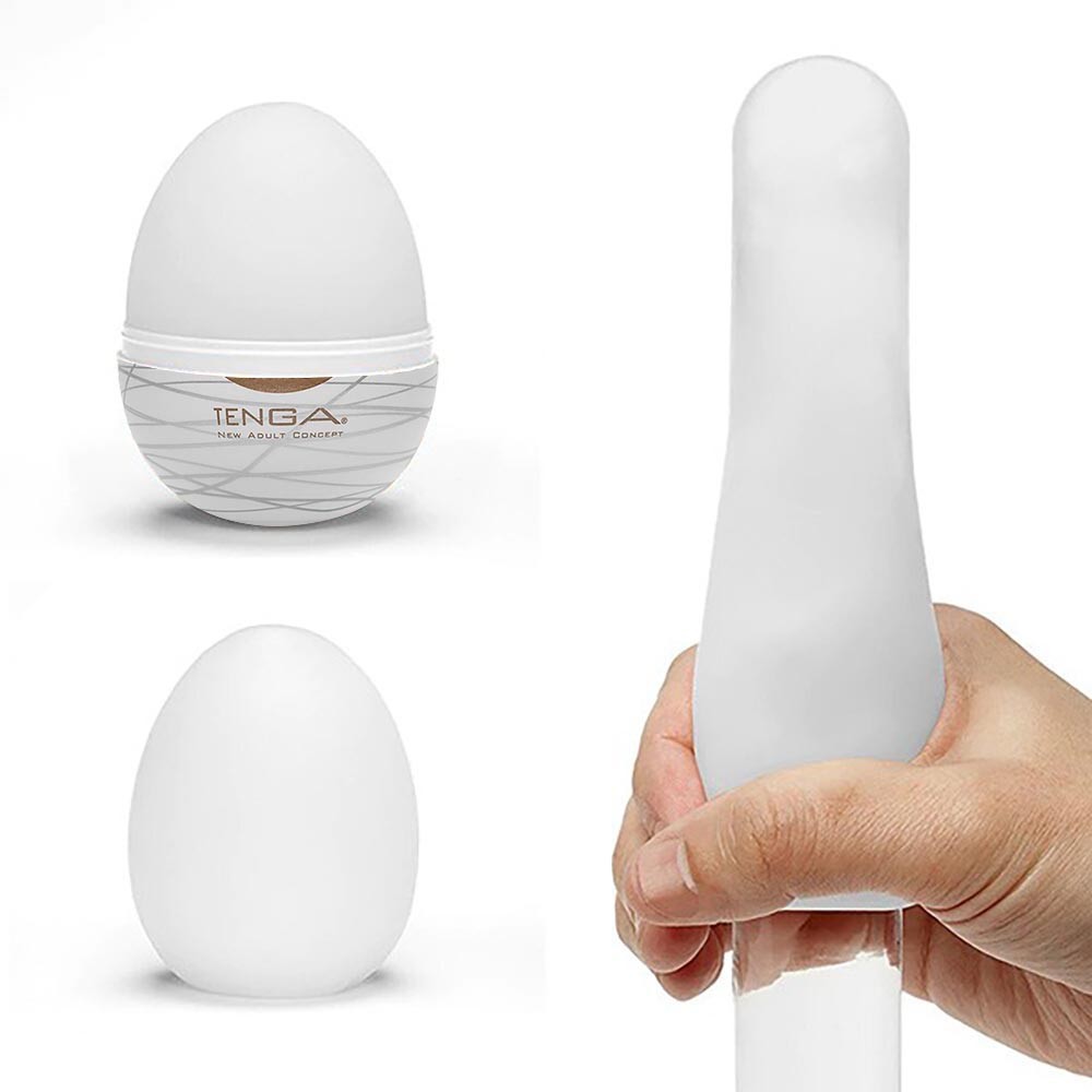 Conjunto de imagens do Tenga EGG Silky II, incluindo embalagem, o masturbador aberto e em uso