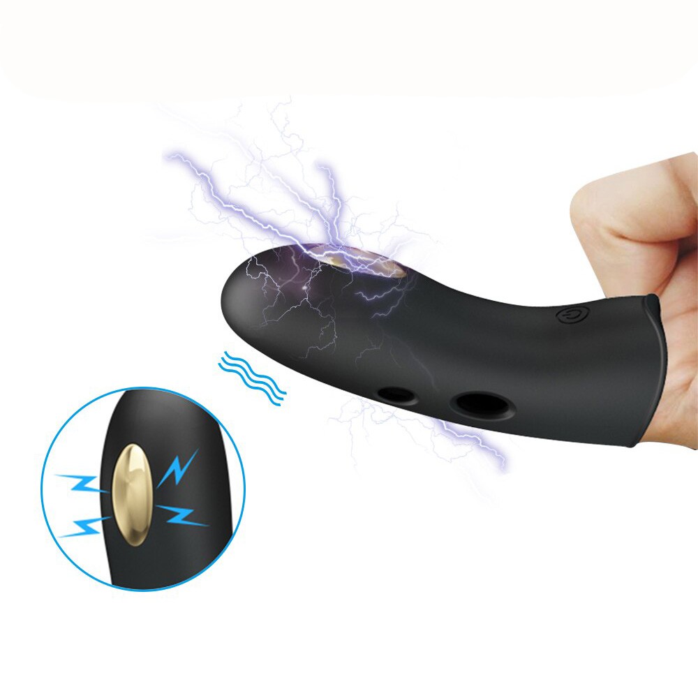 Dedeira em Silicone Recarreg�vel com 7 Vibra��es e Fun��o Choque Marico Preto em uso no dedo, destacando o pulso el�trico