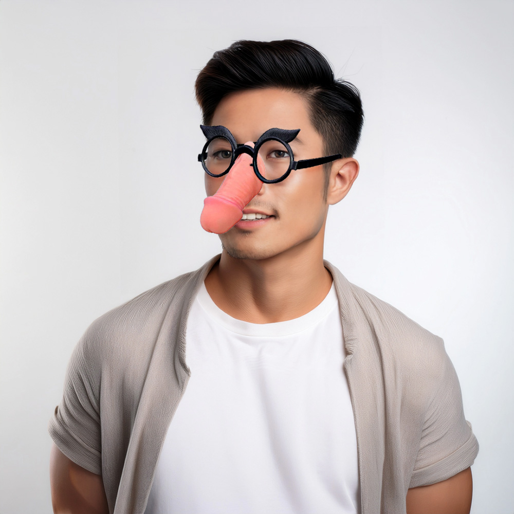 Homem usando �culos divertido Cara de Pau com nariz de p�nis e bigodes