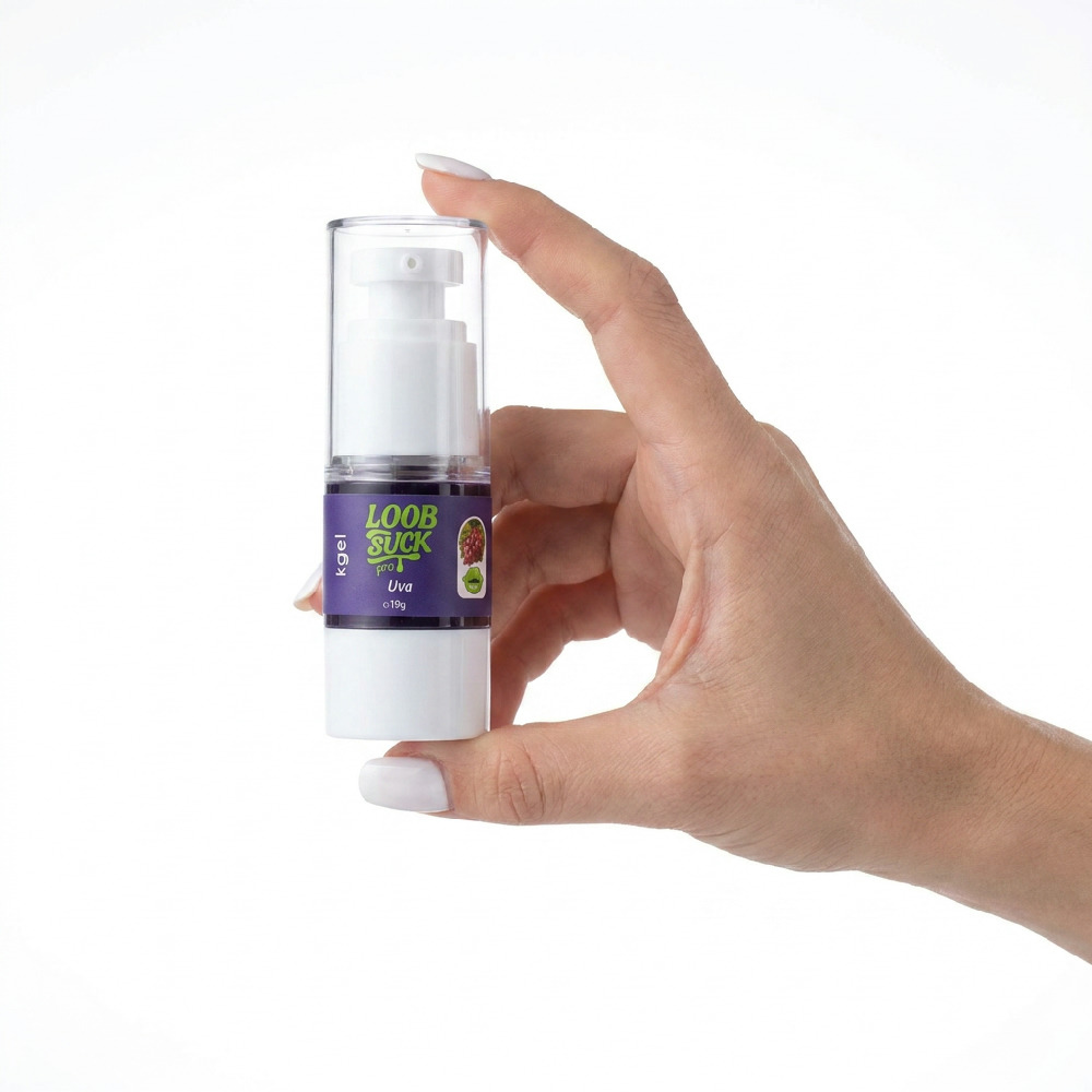 Gel Vibrador L�quido Beij�vel LoobSuck Aroma de Uva 19ml closeup do frasco com r�tulo e informa��es do produto