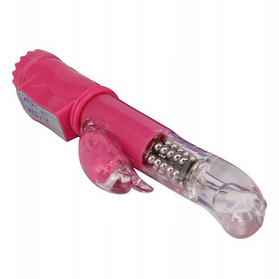 Vibrador Rabbit Duplo Rotativo Rosa em vista lateral, com foco na curvatura do corpo e no estimulador de clit�ris.