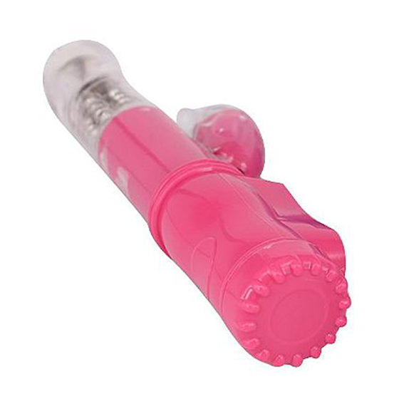 Vista inclinada do Vibrador Rabbit Duplo Rotativo Rosa, mostrando a textura na base e a jun��o dos elementos de estimula��o.