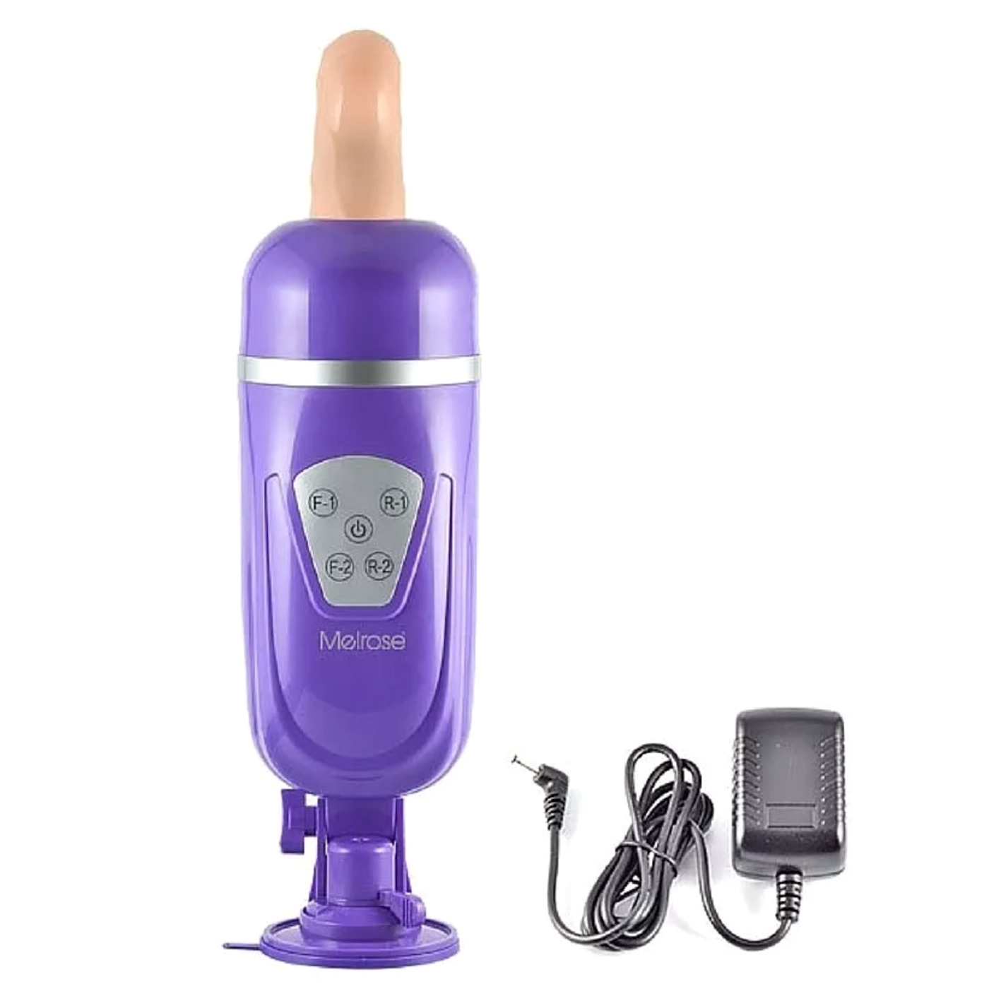 M�quina de Sexo Recarreg�vel Augus Roxa em vista lateral, destacando o dildo em tom natural e a base com ventosa
