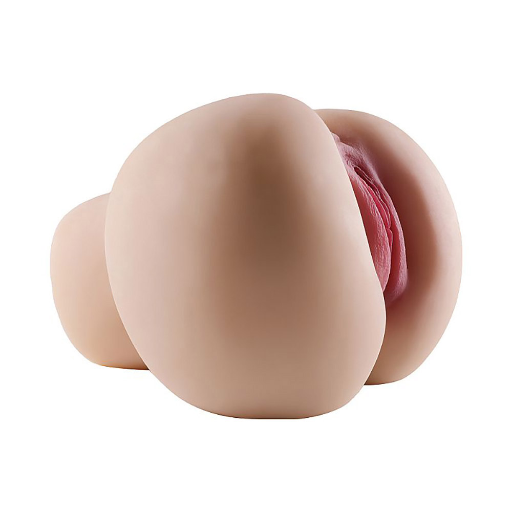 Masturbador Bumbum Cyberskin Bege em vista lateral, exibindo a curvatura realista e textura