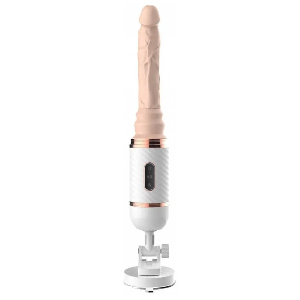 M�quina de sexo Cyclone Bege com p�nis rosado em vista frontal e base com ventosa