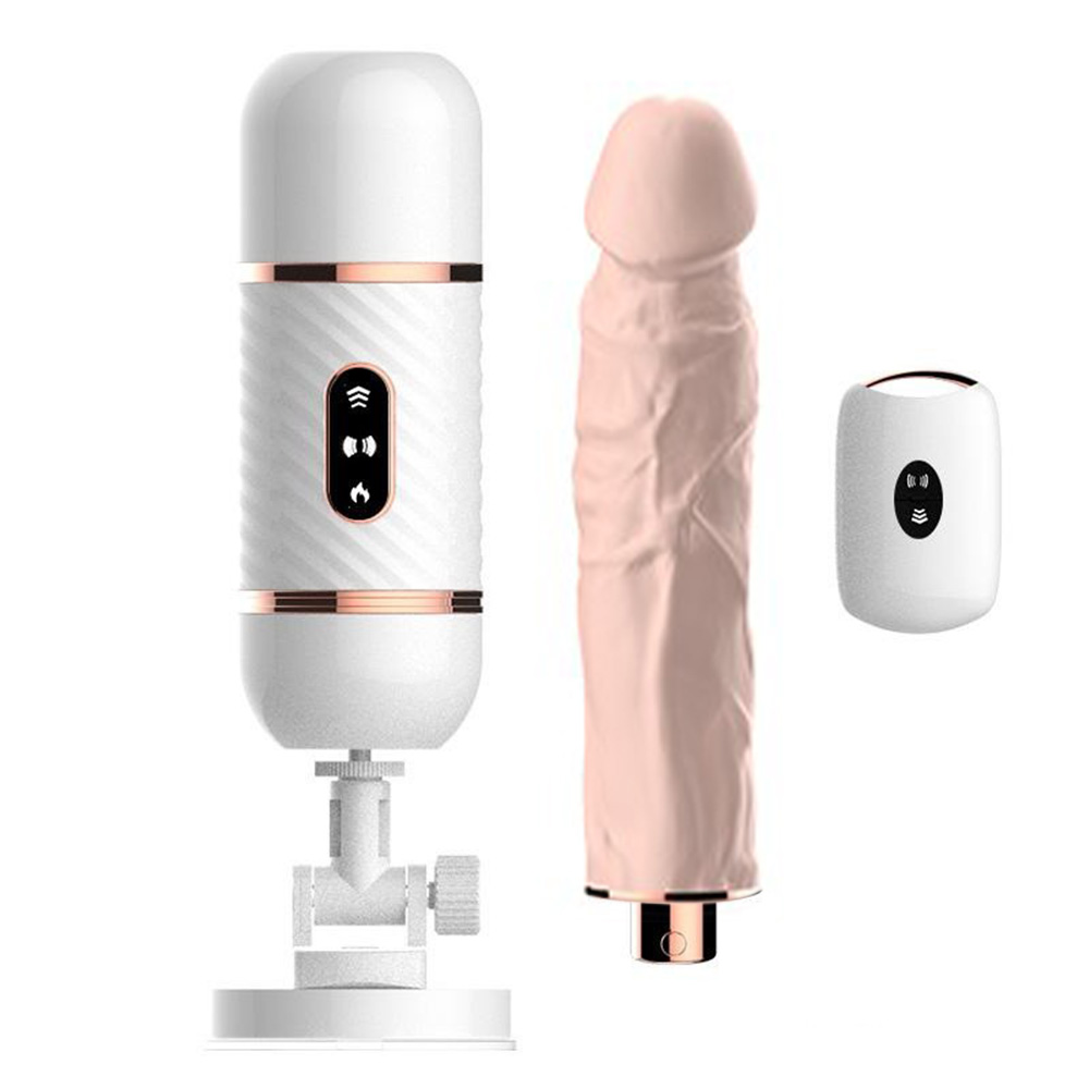 M�quina de Sexo Cyclone Bege, dildo rosado texturizado e controle remoto sem fio em vista frontal separada