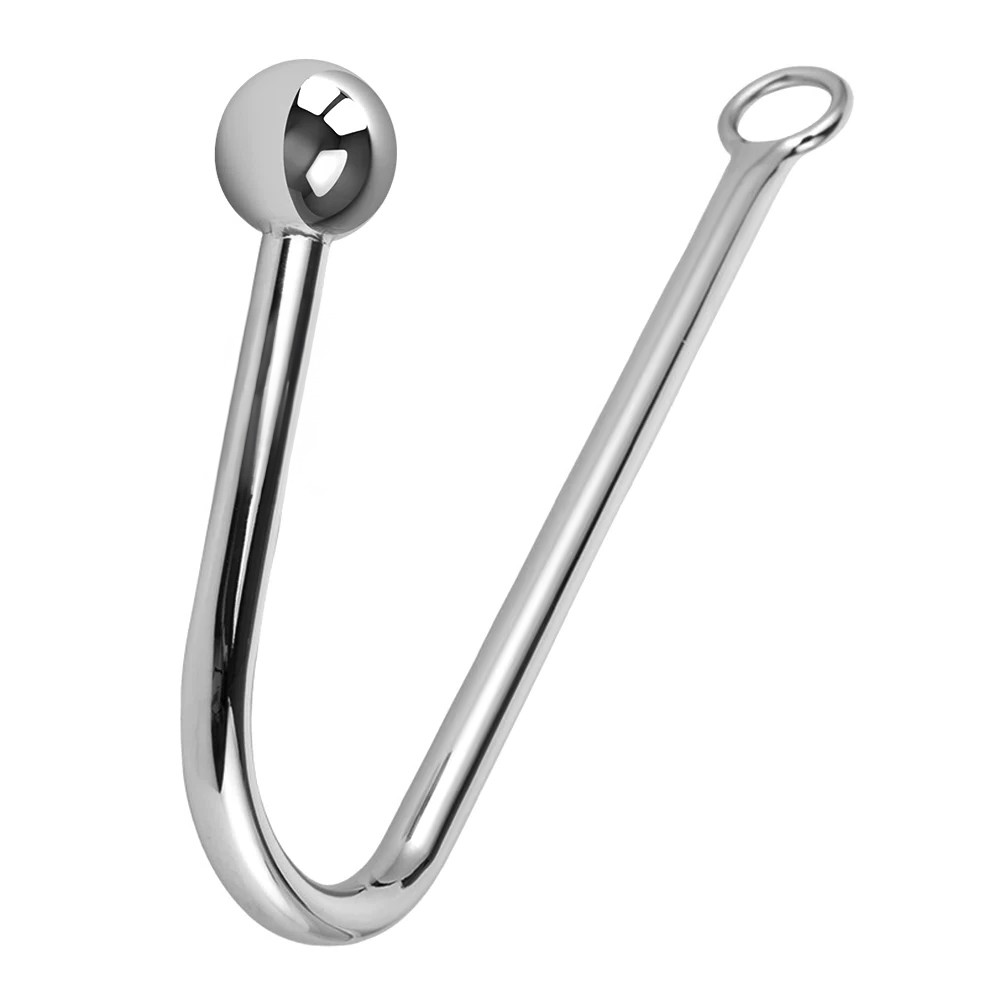 vista lateral do plug anal gancho em a�o inox destacando a curva anat�mica e a esfera brilhante