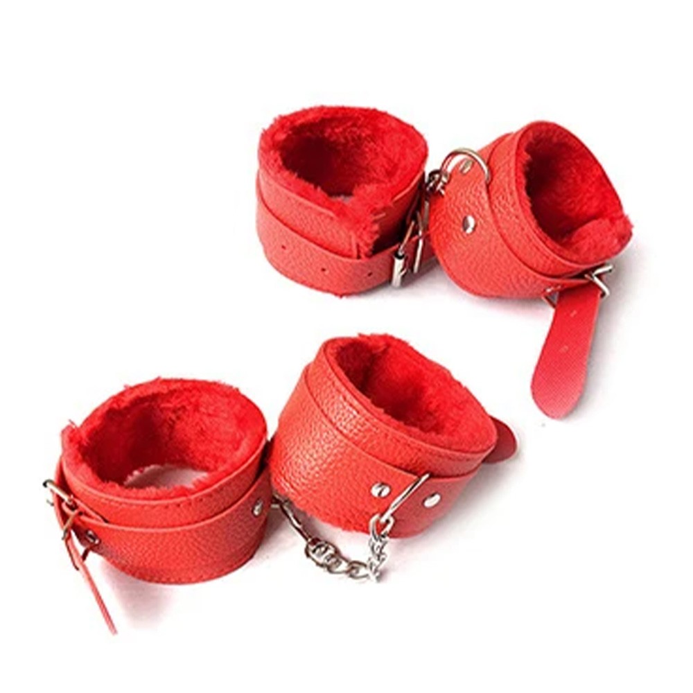 Kit Bondage em PU Vermelho com corda para shibari e algema de brinquedo