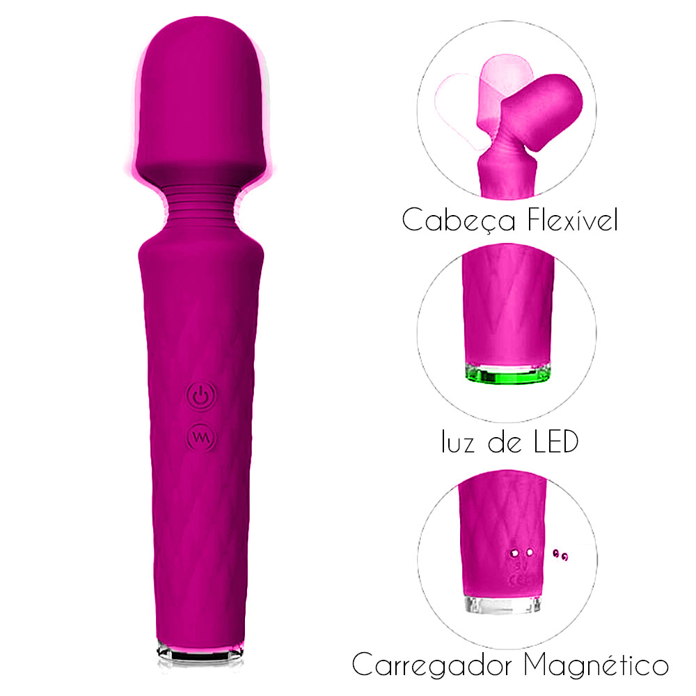 Close-up do massageador Luna Pink, mostrando a cabe�a flex�vel, luz LED e carregador magn�tico.