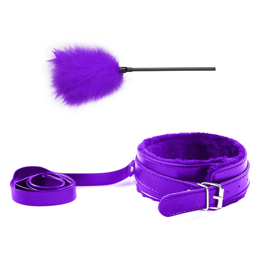 Kit Bondage Roxo com venda, coleira e mini-chicote