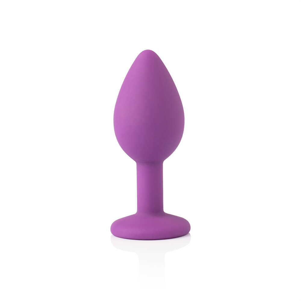 detalhe do acabamento em silicone do plug anal joia mostrando toque macio e cor lil�s vibrante