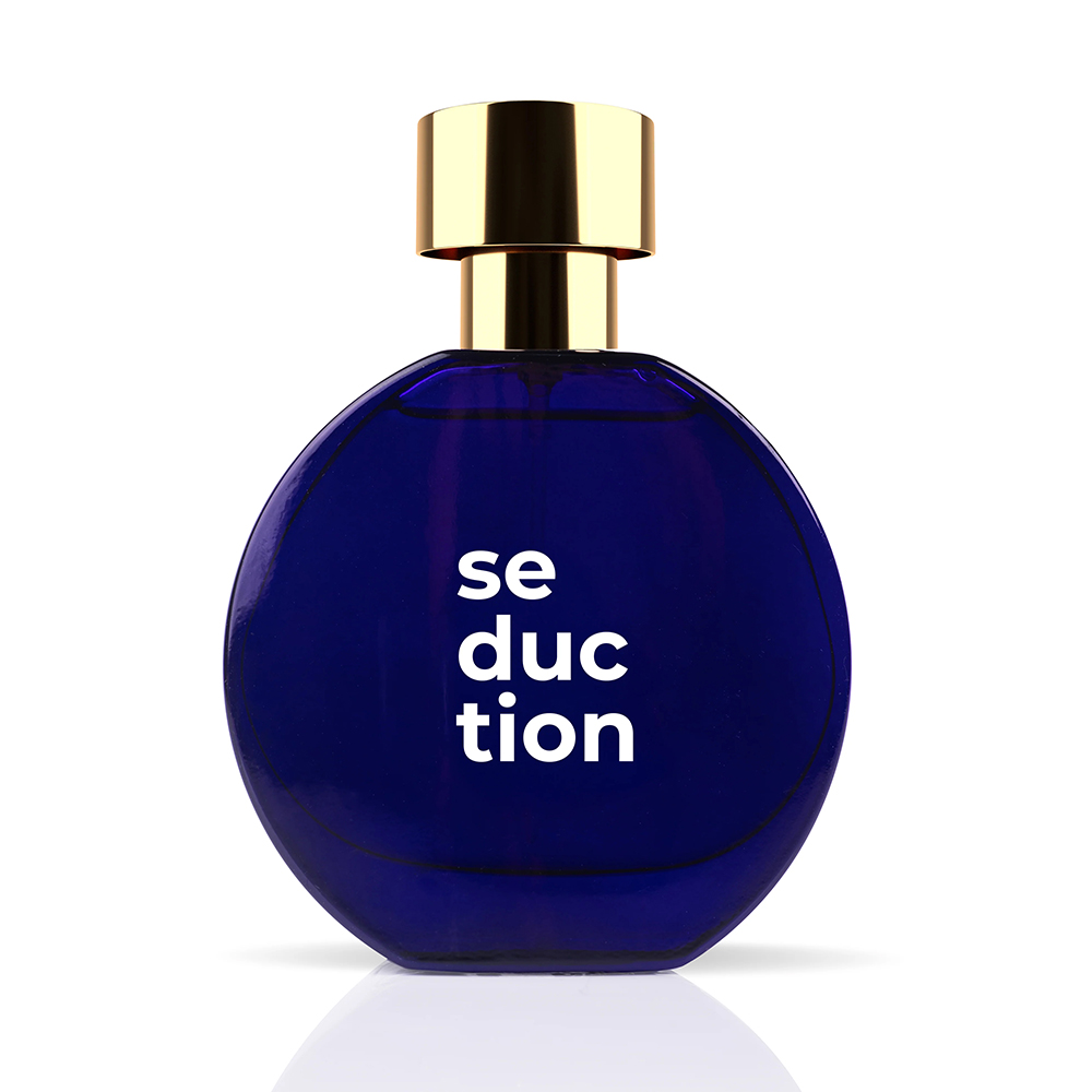 Perfume Sensual Olove Seduction 55ml na cor azul escuro com tampa dourada, destaque para o design elegante do frasco