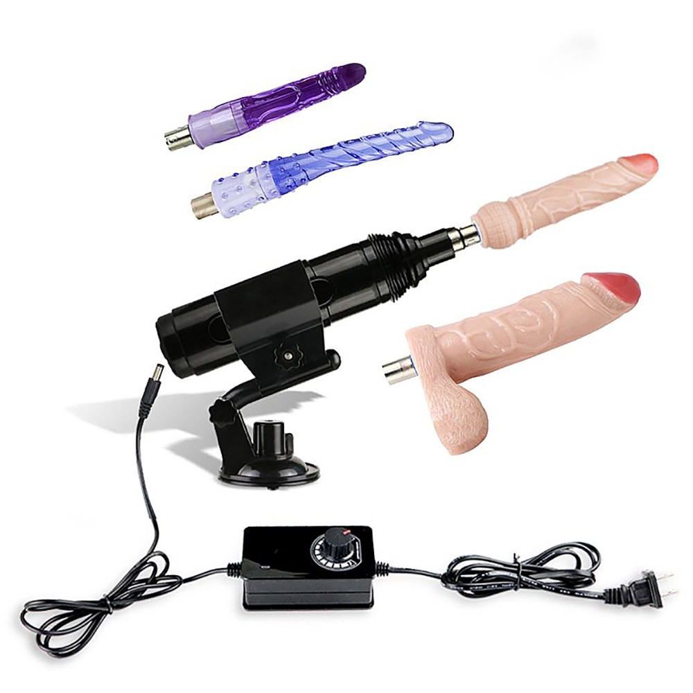 M�quina de Sexo Multivelocidade com 2 P�nis e Plugs Anal, destacando seus acess�rios e controle de velocidade