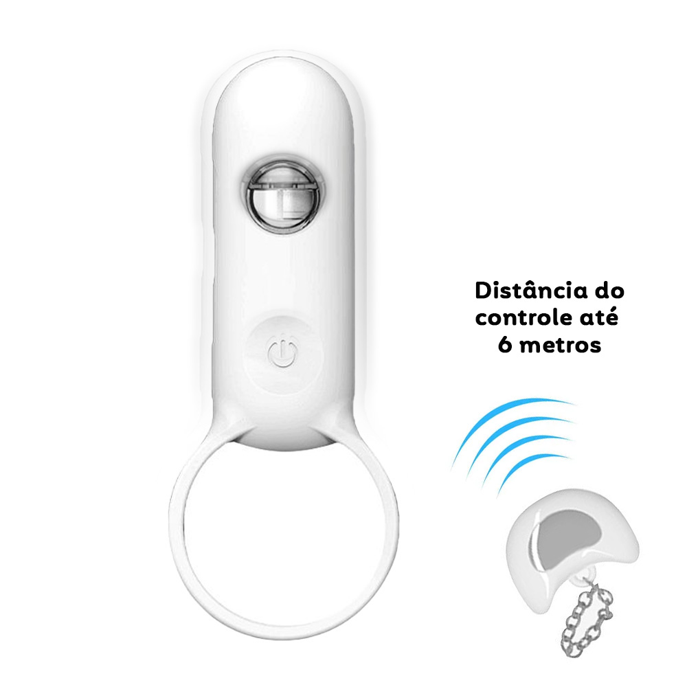 Vis�o frontal do anel peniano e seu controle sem fio, indicando dist�ncia de opera��o de at� 6 metros