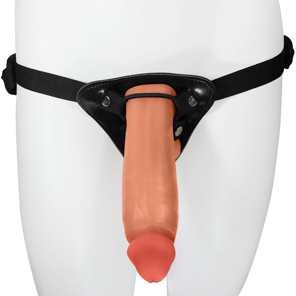 Cinta Peniana Ajust�vel com P�nis Real�stico Sedutor na cor Bege, vista frontal montada em manequim branco