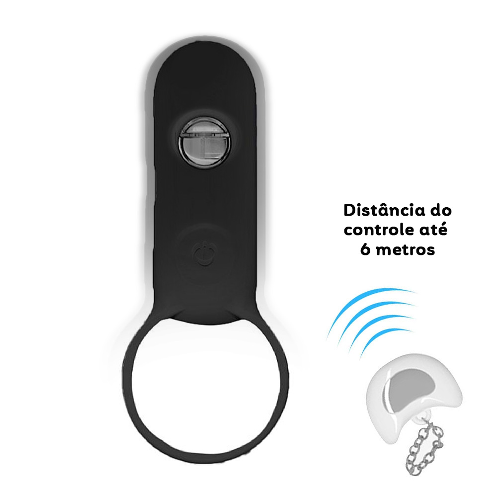 Anel peniano vibrat�rio em silicone preto com controle sem fio, mostrando a dist�ncia de alcance do controle (at� 6 metros)