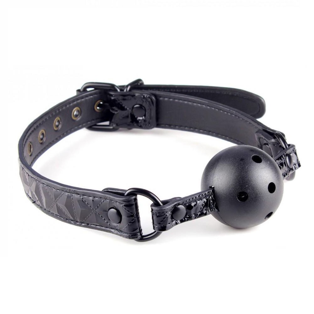 Morda�a em PU (Imita��o de Couro) com Bola em ABS Preto | Vista lateral da morda�a