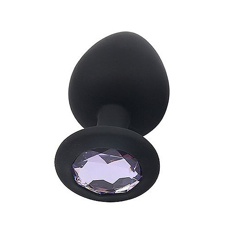 Vista lateral do plug anal joia em silicone preto evidenciando formato anat�mico em gota e propor��o equilibrada