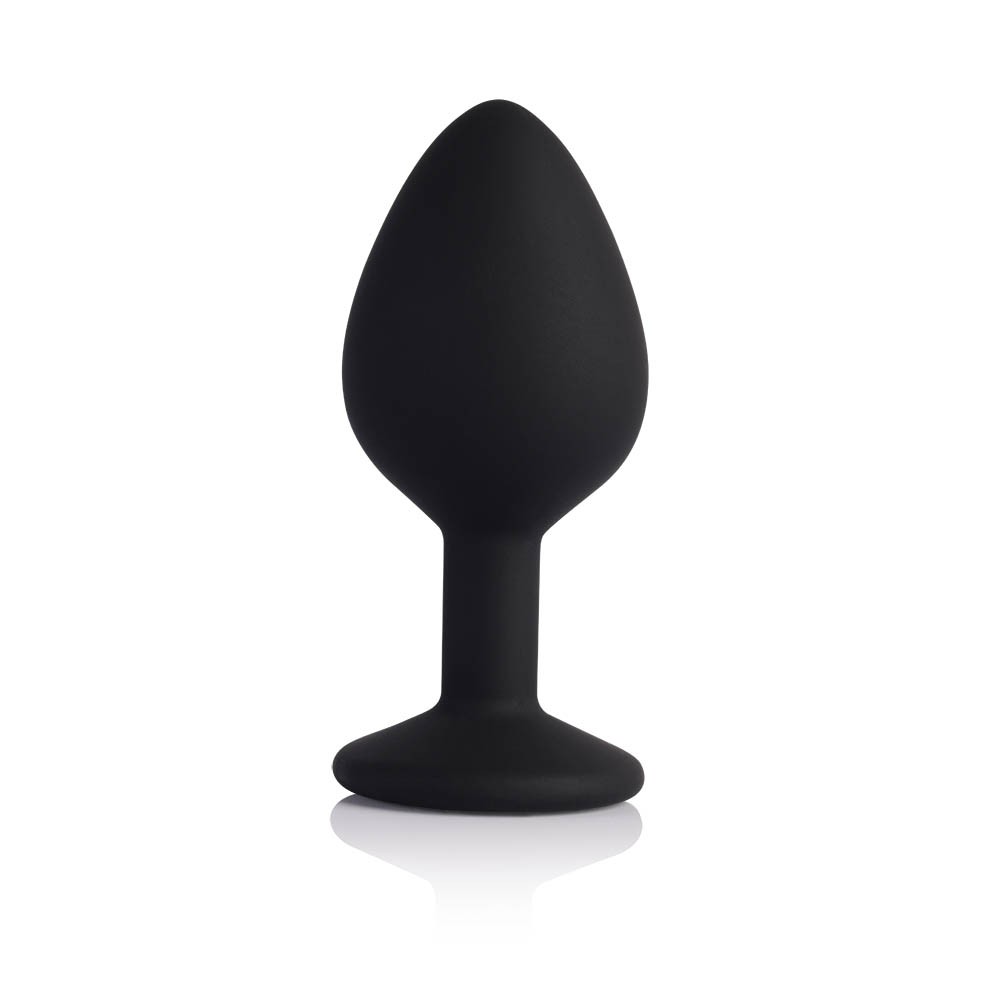 Detalhe do acabamento sedoso do plug anal joia em silicone preto mostrando maciez e superf�cie lisa