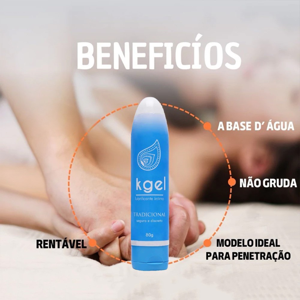 Imagem com o Gel Lubrificante �ntimo Kgel 80ml exibindo seus benef�cios: � base de �gua, n�o gruda e ideal para penetra��o