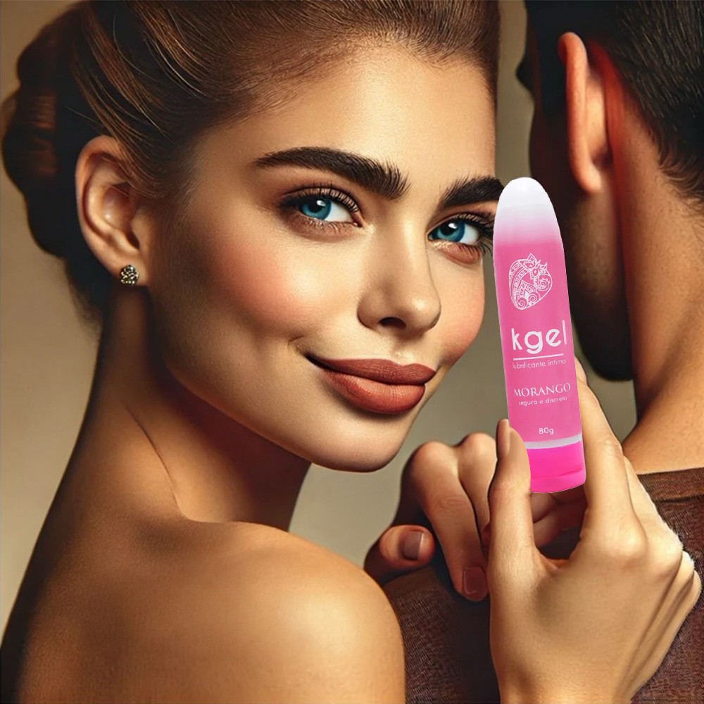 Frasco do Gel Lubrificante �ntimo Morango � Base de �gua 80ml com informa��es em diferentes idiomas, mostrando a versatilidade do produto