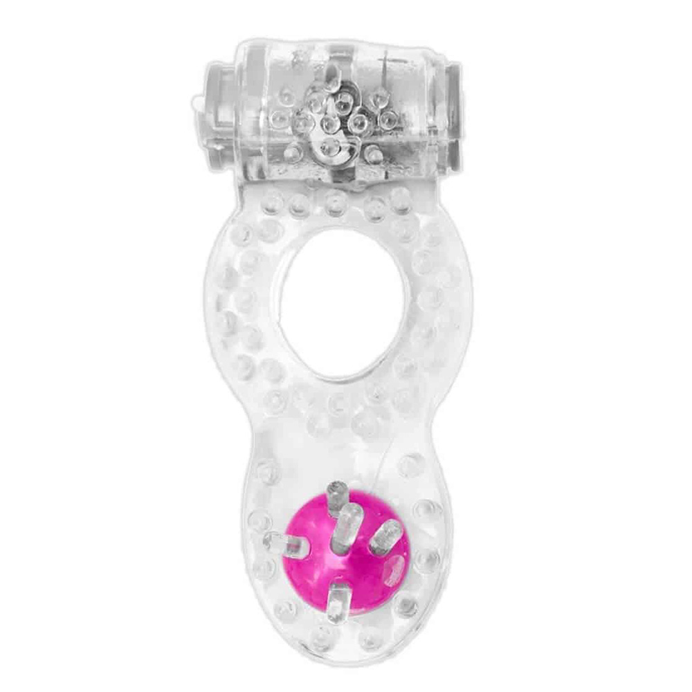 Anel peniano duplo com vibrador e estimulador anal transparente, vista frontal