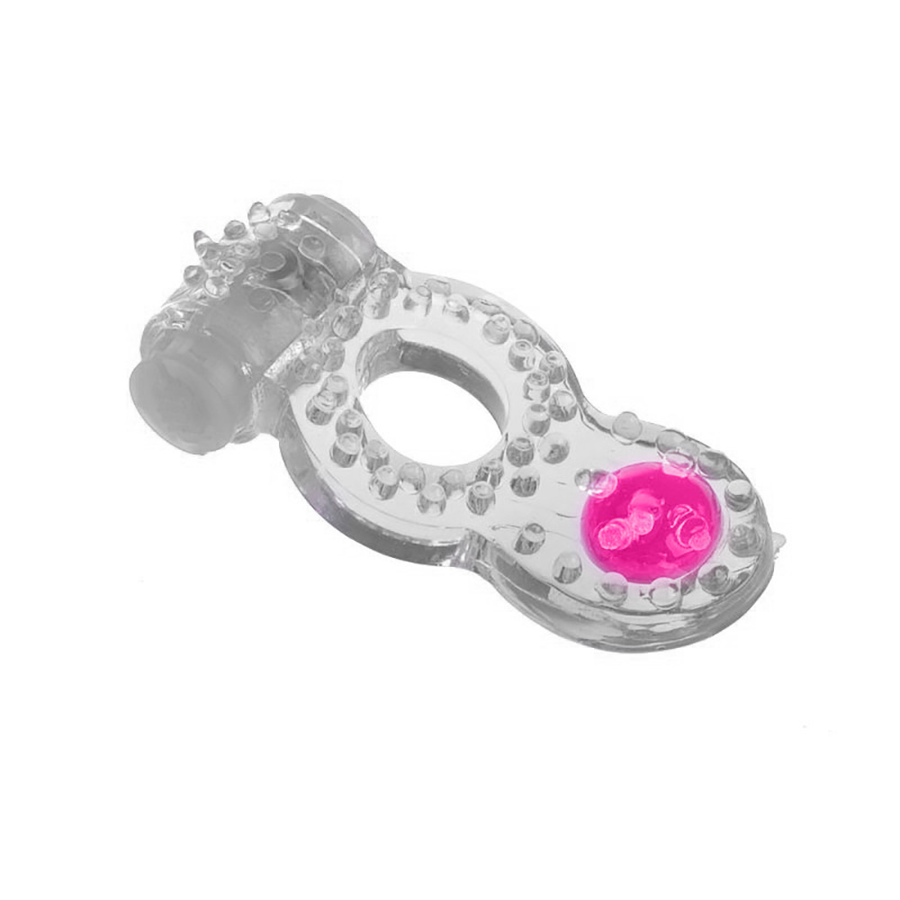 Anel peniano duplo com vibrador e estimulador anal transparente, vista superior