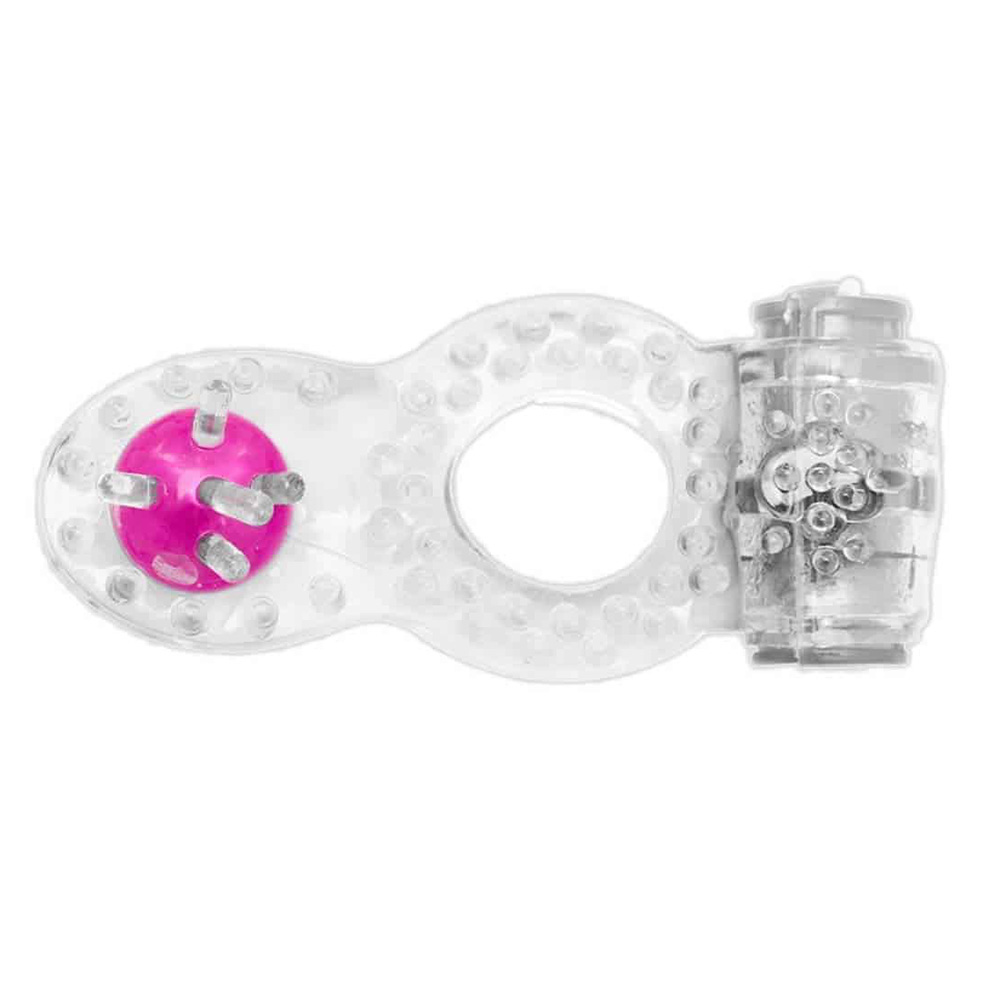Anel peniano duplo transparente em perspectiva com detalhe do estimulador anal