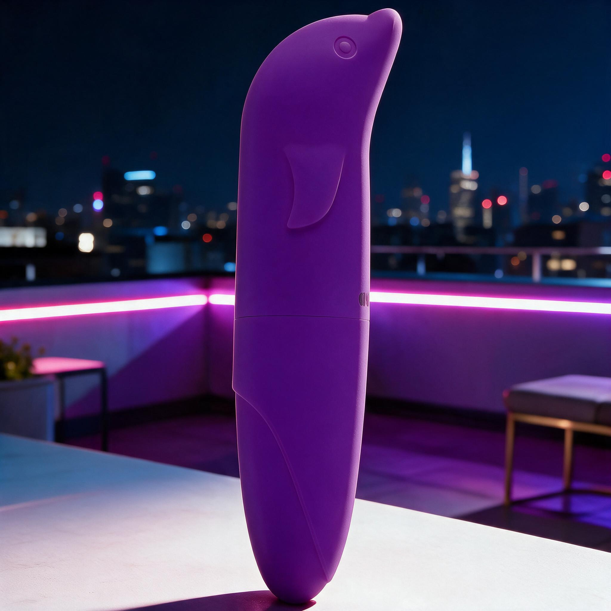 Vibrador Ponto G em Pl�stico R�gido com Formato de Golfinho Roxo com dimens�es de 3cm e 8cm indicadas