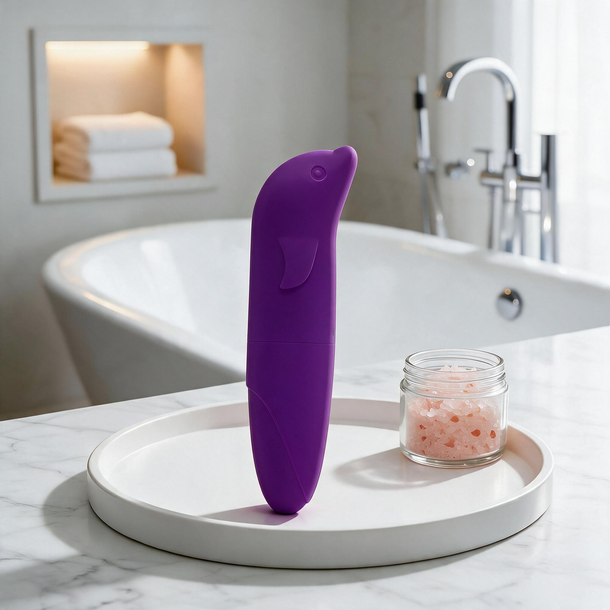 Vibrador Ponto G em Pl�stico R�gido com Formato de Golfinho Roxo com dimens�es de 3cm e 8cm indicadas novamente