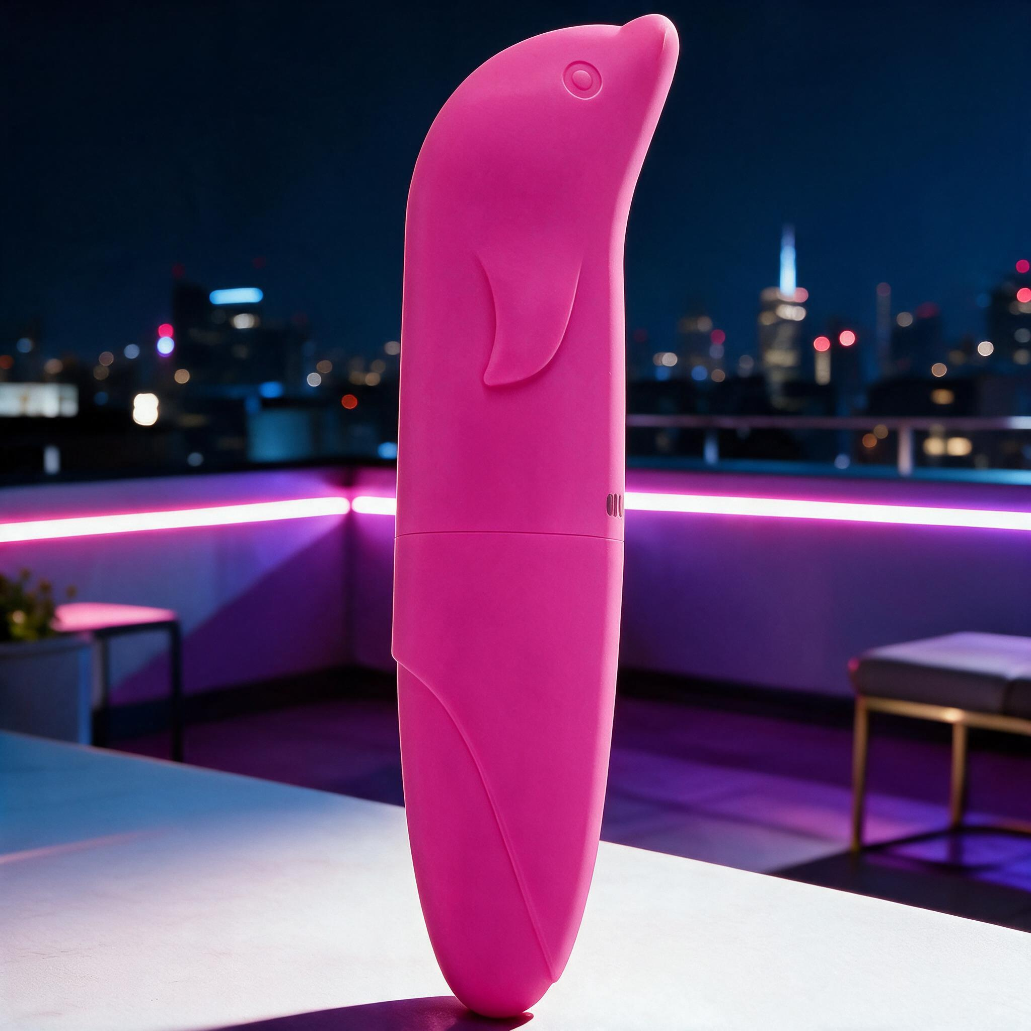Vibrador Ponto G em Pl�stico R�gido com Formato de Golfinho Pink com medidas detalhadas.
