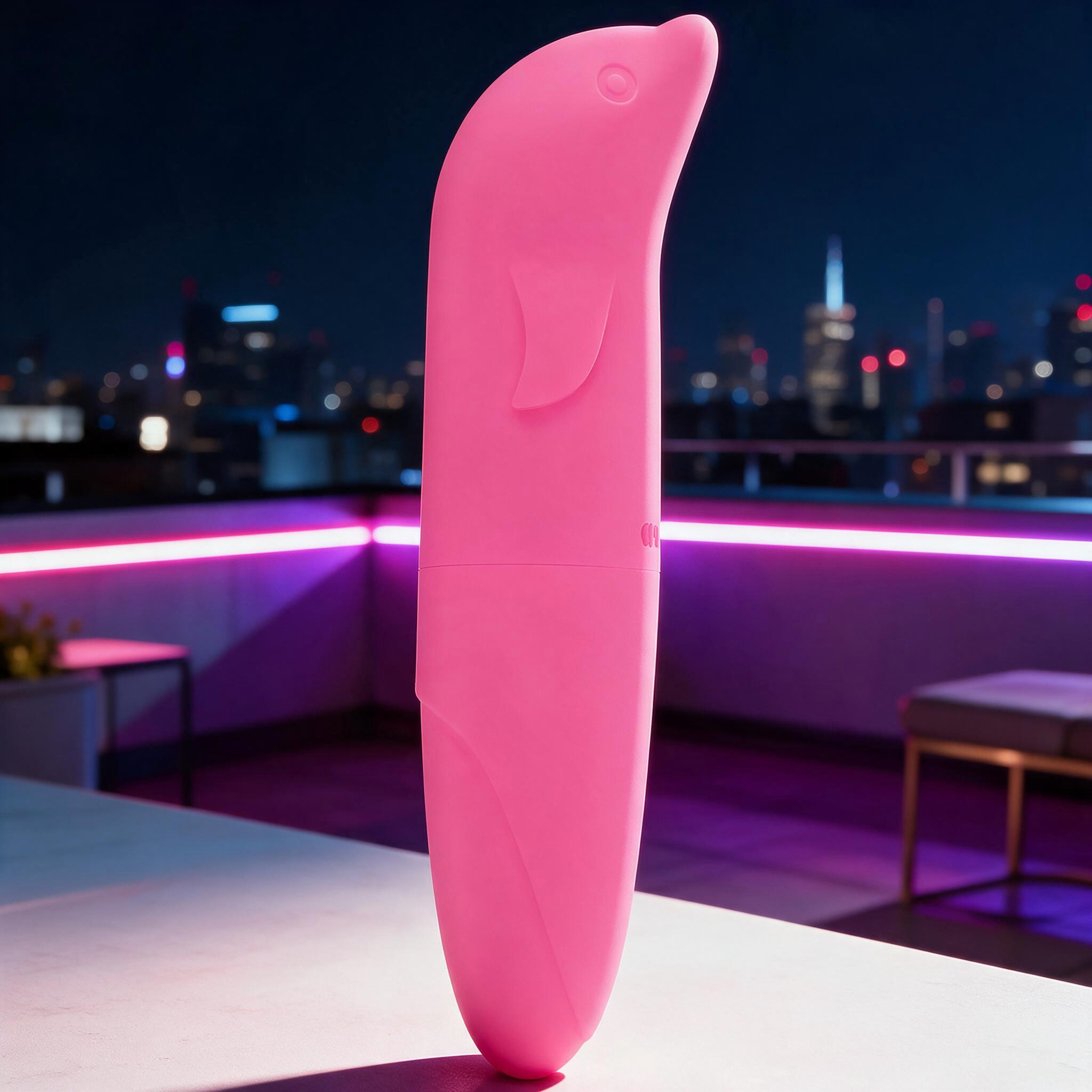 Vibrador Ponto G em Pl�stico R�gido com Formato de Golfinho Rosa, mostrando o compartimento da pilha