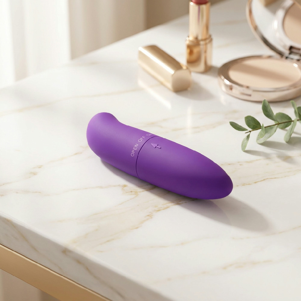 Vibrador Ponto G Liso Feito em Pl�stico R�gido Roxo - vista em angulo superior do vibrador montado