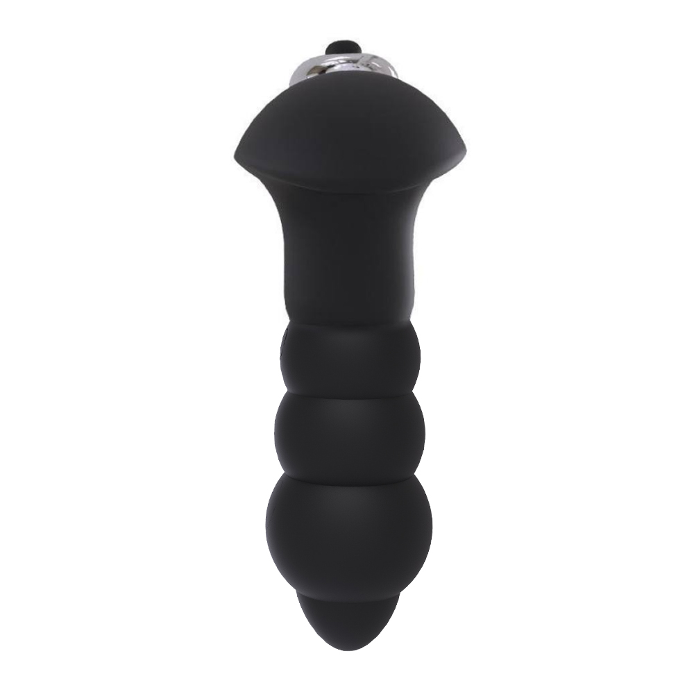 Plug anal vibrat�rio preto, vista de cima com destaque para a base em formato de T e o bot�o de controle
