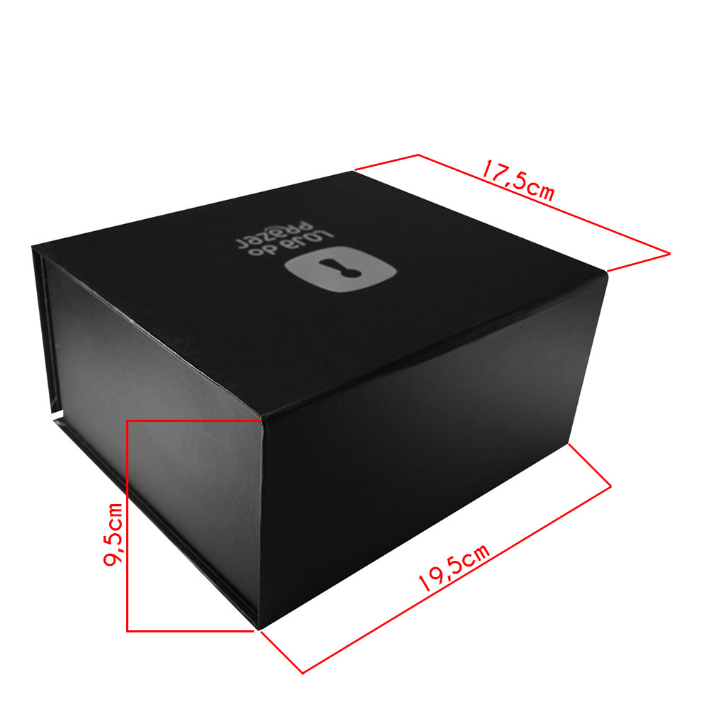 Caixa Presente Luxo preta vazia e fechada, vista superior frontal, destacando a eleg�ncia e simplicidade do design