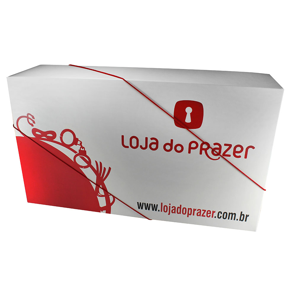 Caixa de Presente Loja do Prazer Grande em vista frontal, mostrando o design branco com detalhes em vermelho e a marca Loja do Prazer