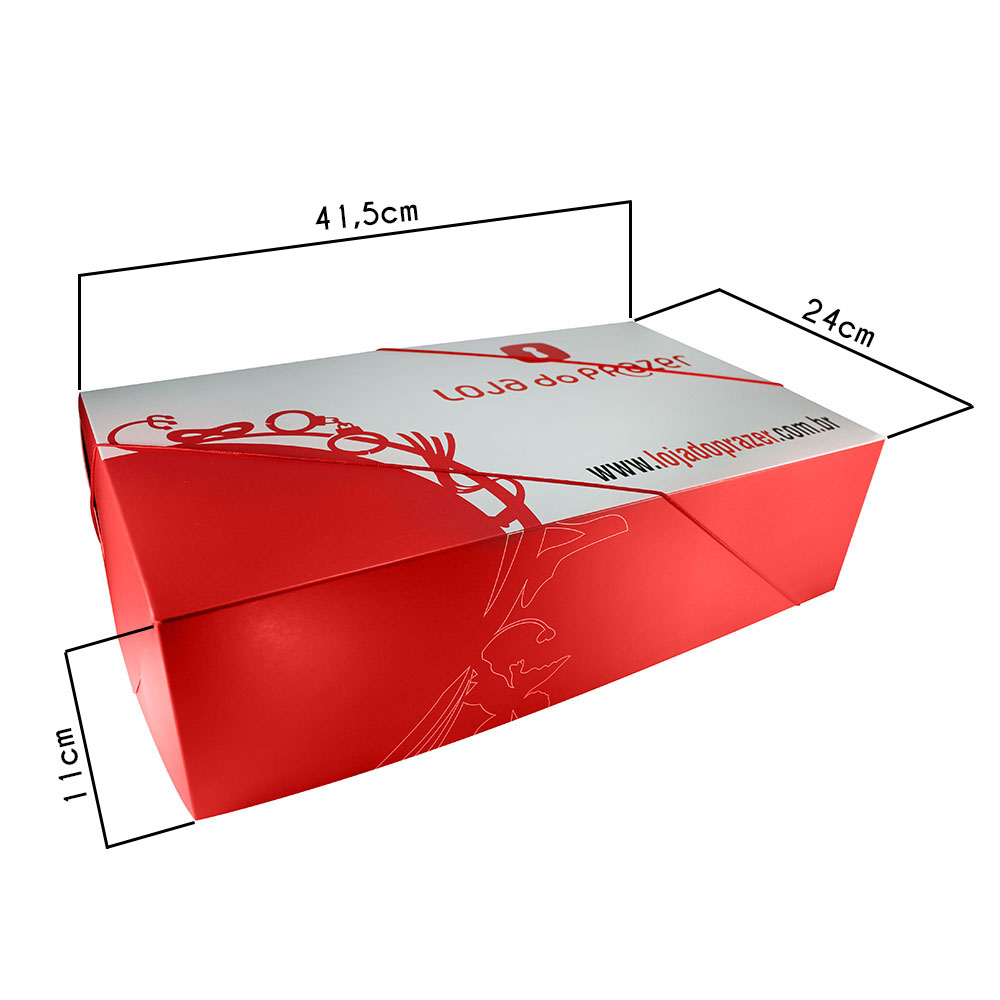 Caixa de Presente Loja do Prazer Grande com as dimens�es marcadas: 41.5cm de comprimento, 24cm de largura e 11cm de altura
