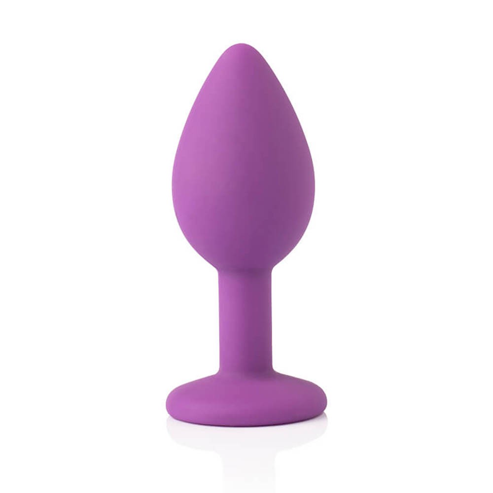 detalhe do acabamento em silicone suave do plug anal joia roxo mostrando superf�cie macia e flex�vel