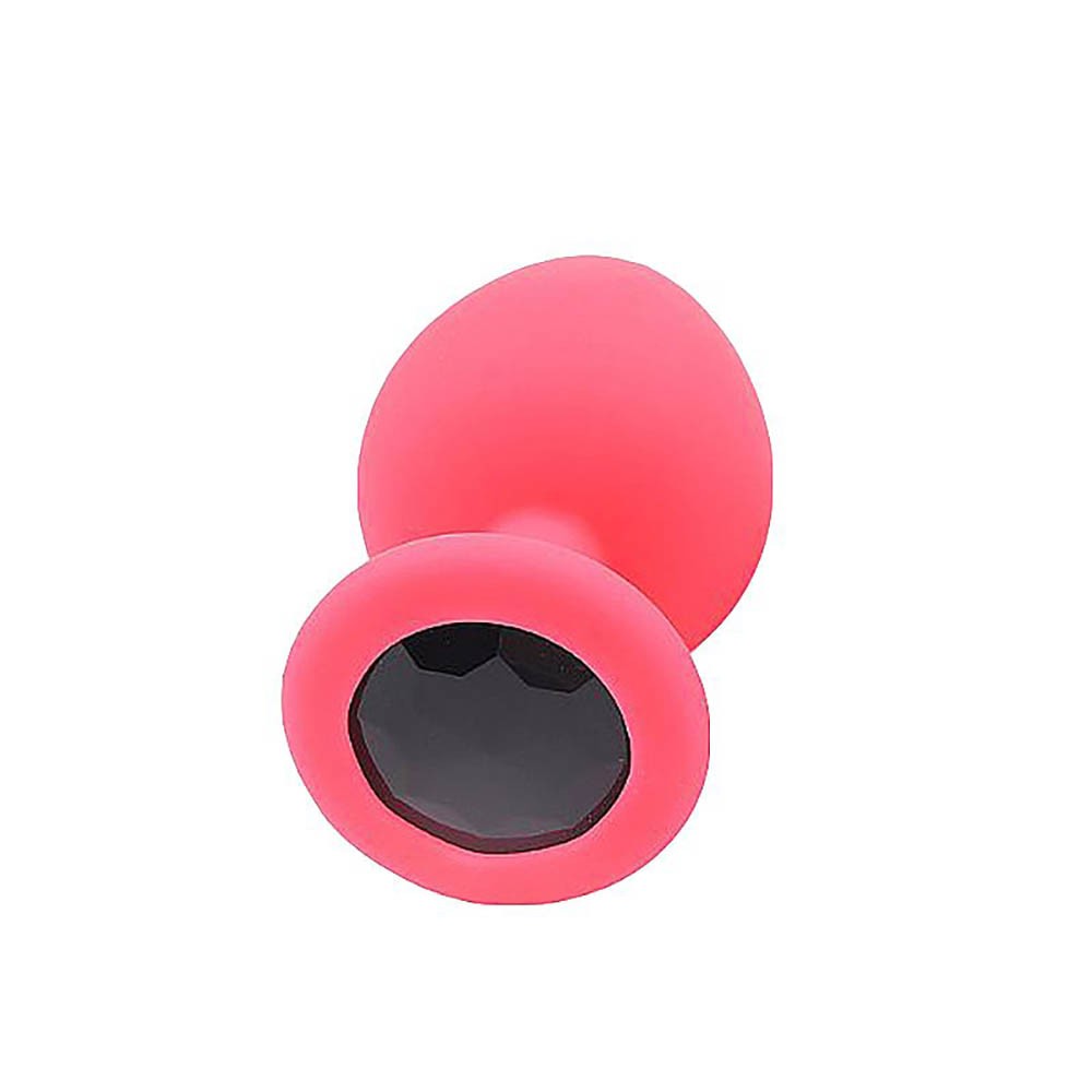 vista lateral do plug anal joia em silicone rosa evidenciando formato anat�mico em gota e propor��o confort�vel
