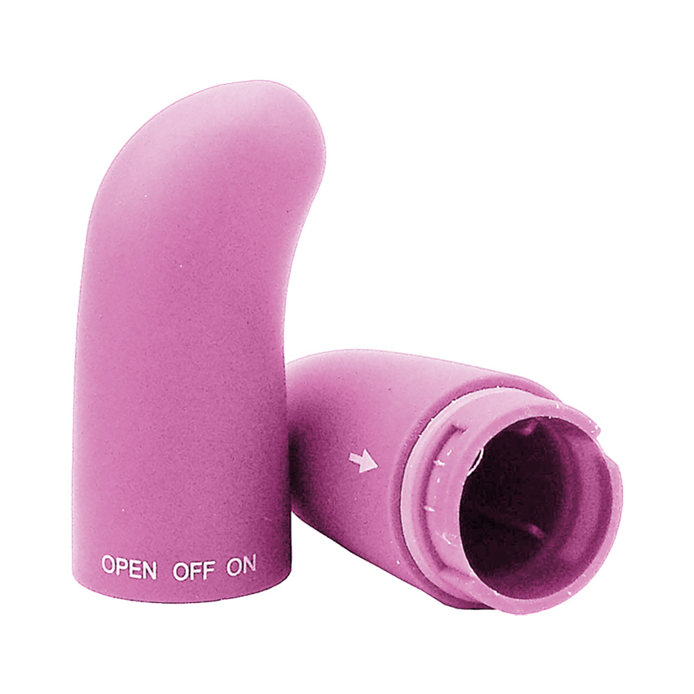 Vibrador Ponto G Liso em Pl�stico R�gido Rosa, parte inferior e superior separadas com indica��o de abertura e fechamento