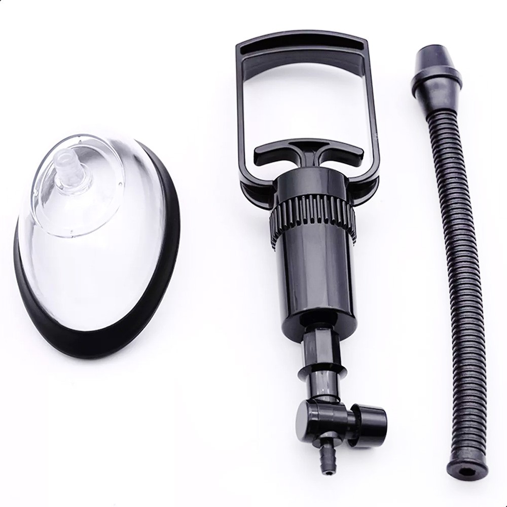 Componentes do Kit Bomba Vaginal Manual separados: c�pula menor, bomba de suc��o e mangueira flex�vel