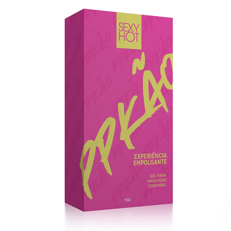 Gel Excitante Feminino Ppk�o Sexy Hot 15g - Embalagem do produto ao lado do frasco, exibindo o design rosa e verde