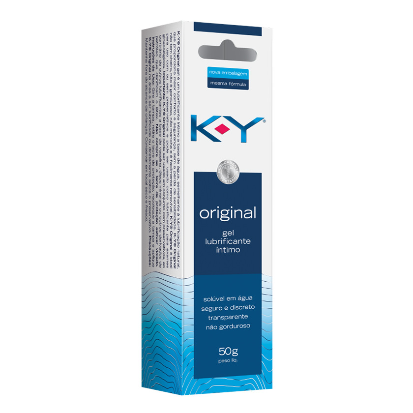Caixa do KY Lubrificante �ntimo Original 50g ao lado do tubo do produto, destacando a nova embalagem