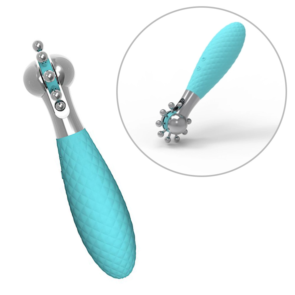 Vibrador de silicone recarreg�vel Cyan, em vista lateral e detalhe da ponta com esferas met�licas e choque