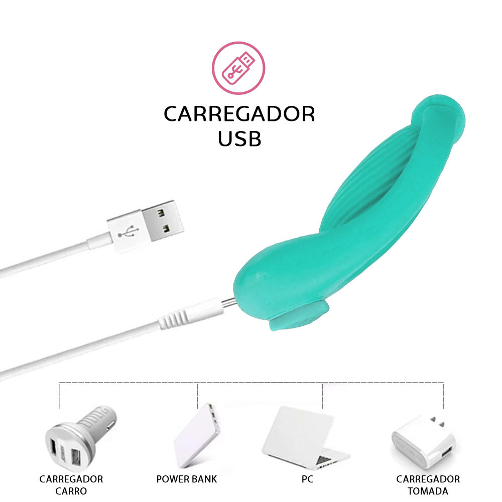 Vibrador para Clit�ris para Calcinha Recarreg�vel em Silicone 10 Vibra��es e Controle sem Fio Cyan - Vista lateral do vibrador mostrando seu formato ergon�mico e o detalhe das listras para estimula��o.